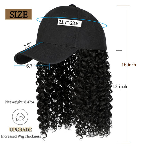 Ins Hot Baseball Cap with 16'' 20''Hair Extensions Adjustable Wig Hat Attached African Kinky Curly Hairpiece