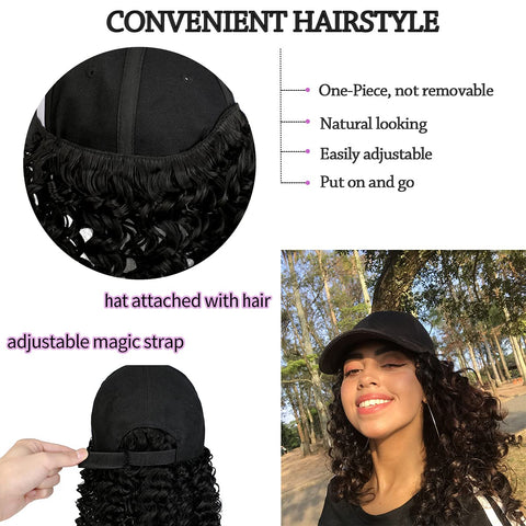 Ins Hot Baseball Cap with 16'' 20''Hair Extensions Adjustable Wig Hat Attached African Kinky Curly Hairpiece