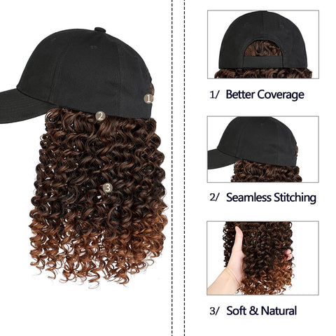 Ins Hot Baseball Cap with 16'' 20''Hair Extensions Adjustable Wig Hat Attached African Kinky Curly Hairpiece